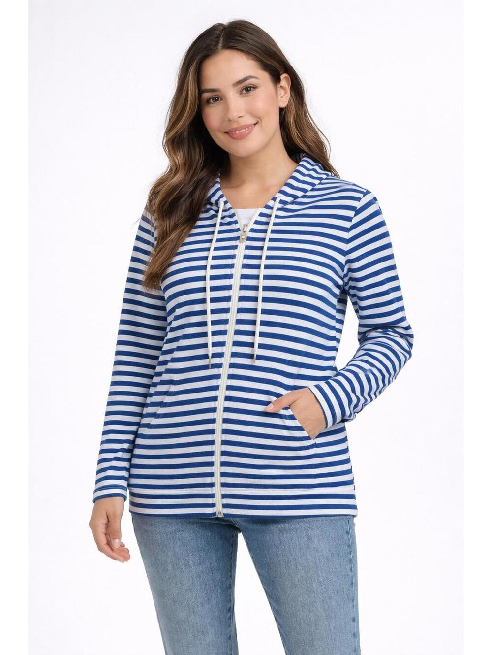 Nautical Zip Front Hoodie Size SP Striped Coastal Preppy Sailor Beachy Layering